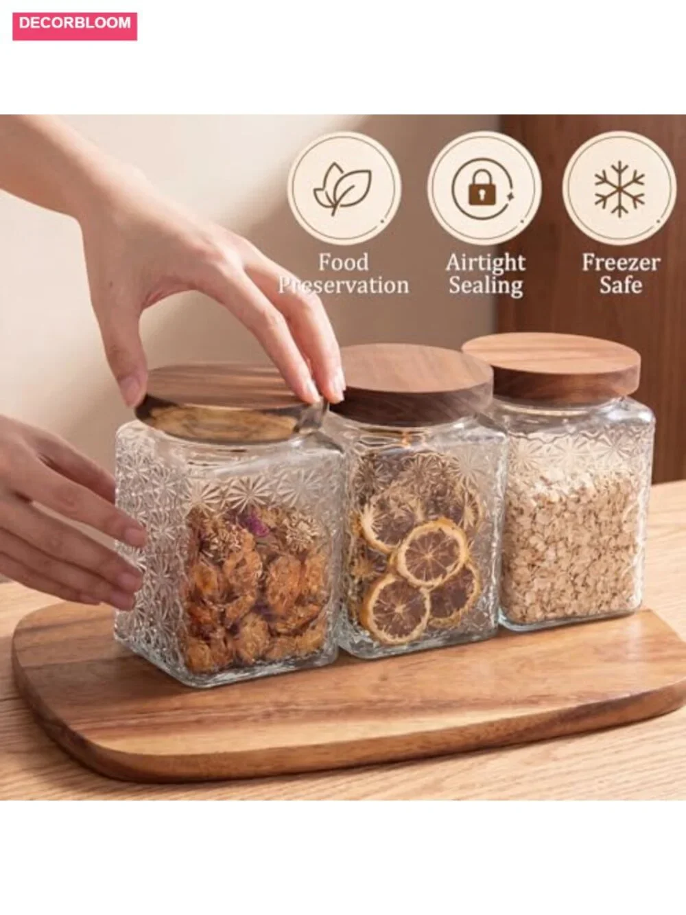6 Pack Square Glass Jars with Airtight Wood Lids, 23.6 oz Vintage Canisters